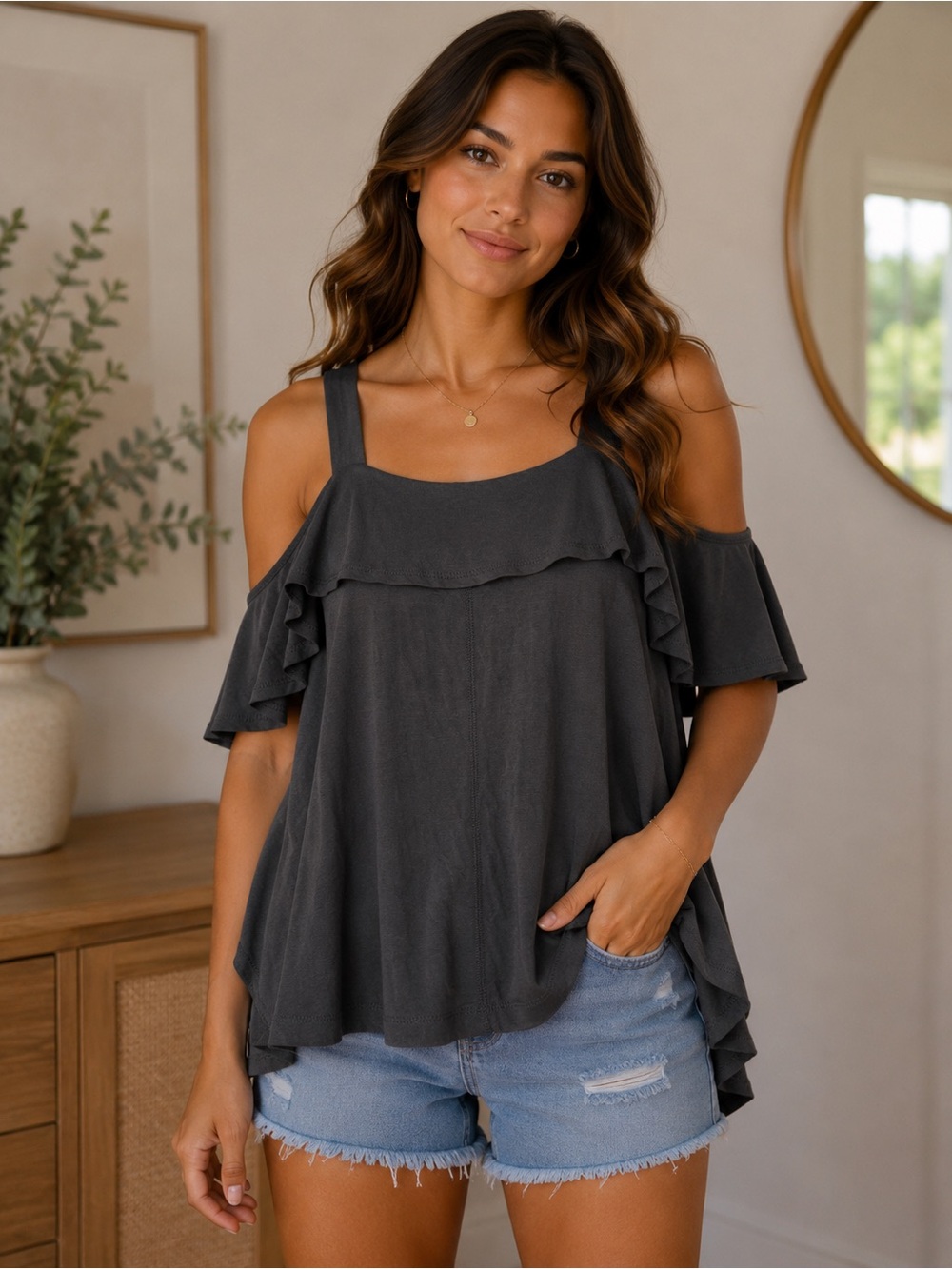 Harlowe & Graham Charcoal Gray Cold-Shoulder Ruffle Camisole